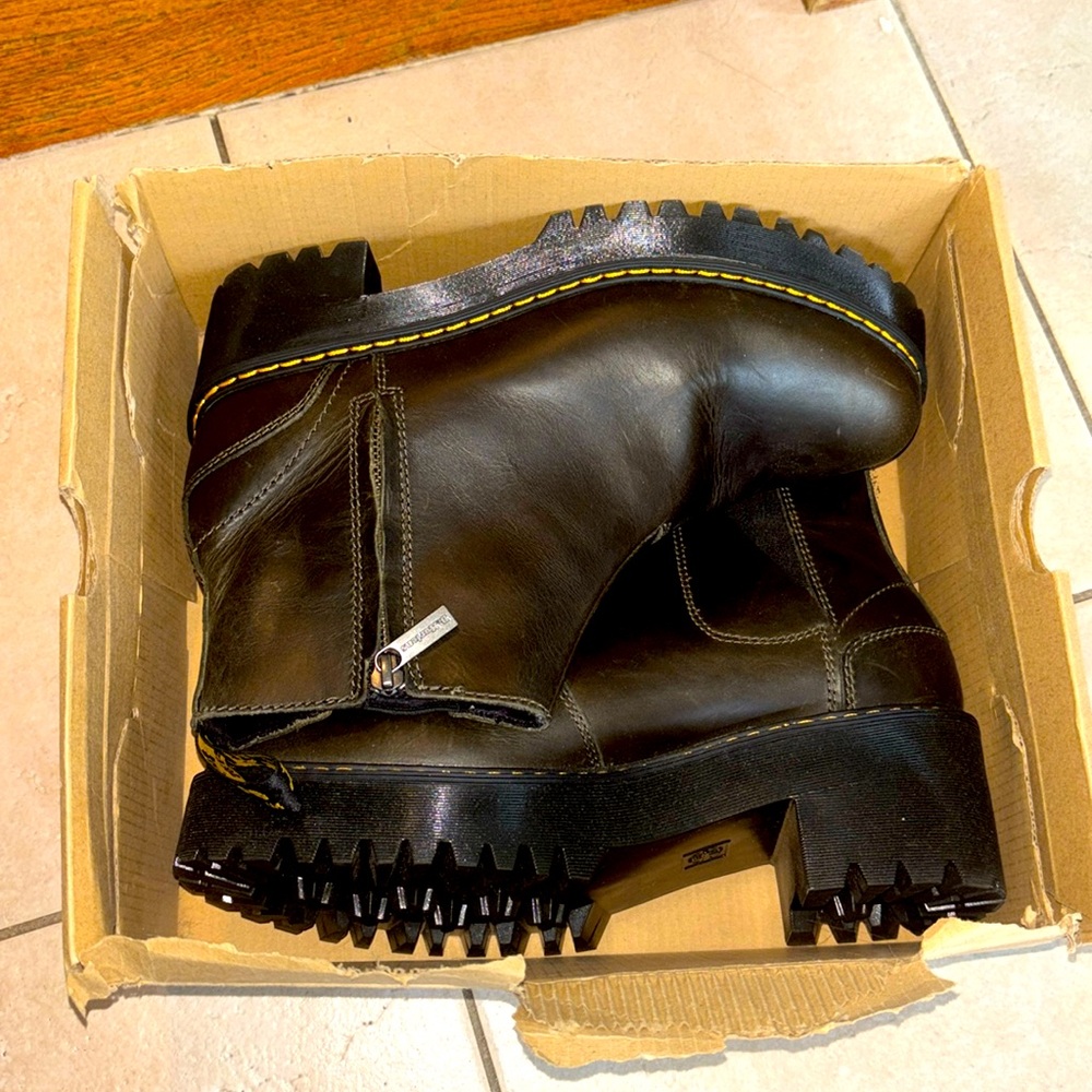 Dr. Martens Black Heeled Boots with Yellow Stitching